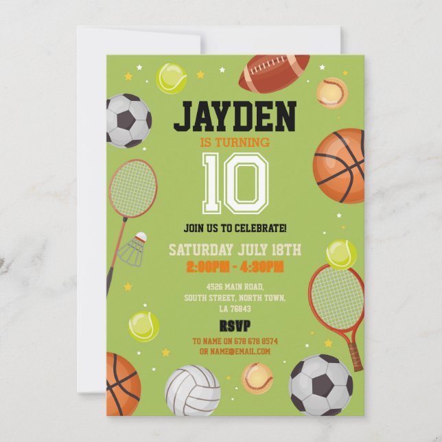All Sports Birthday Party Football Soccer Green Invitation (Front)