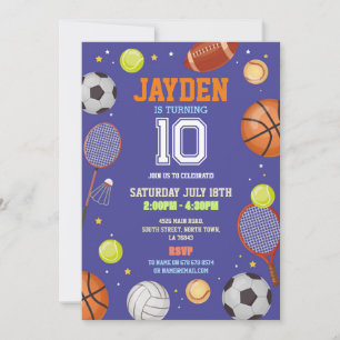 All Sports Blue Birthday Party Football Soccer Invitation
