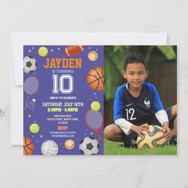 All Sports Blue Birthday Photo Football Soccer Invitation (Front)
