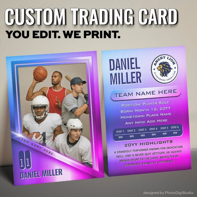 All Sports Custom Trading Card, Neon Chrome Steel  Calling Card (Custom All Sports Trading Card, Stainless Steel Neon Chrome Trading Card )