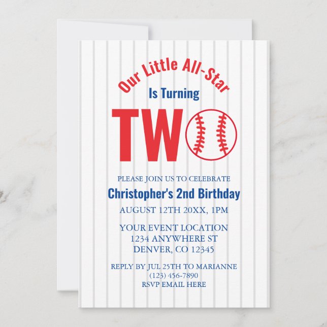 All-Star Baseball 2nd Birthday Invitation (Front)