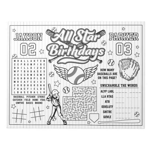 All Star Baseball Joint Birthday Colouring Activit Notepad (Front)