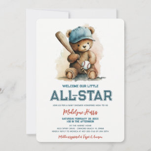 All Star Baseball Teddy Bear Boy Sport Baby Shower Invitation