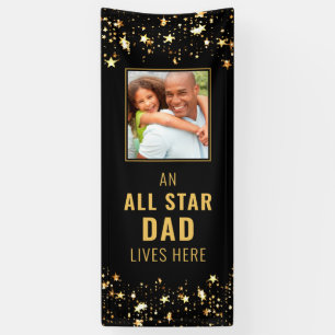 ALL STAR DAD LIVES HERE Black Gold Stars Photo Banner