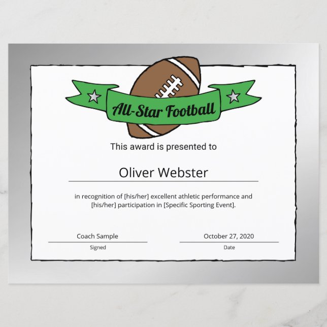 All-Star Football Player Award FootballCertificate (Front)