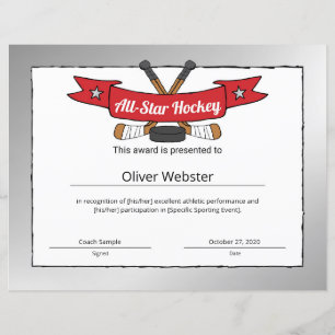 All-Star Hockey Player Award Hockey Certificate