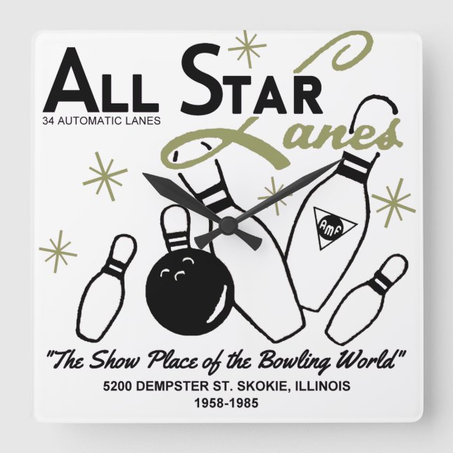All Star Lanes, Skokie, Illinois Square Wall Clock (Front)
