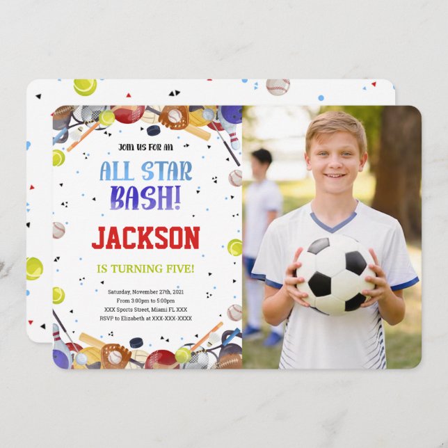 All Star Sport Birthday Photo Invitations (Front/Back)