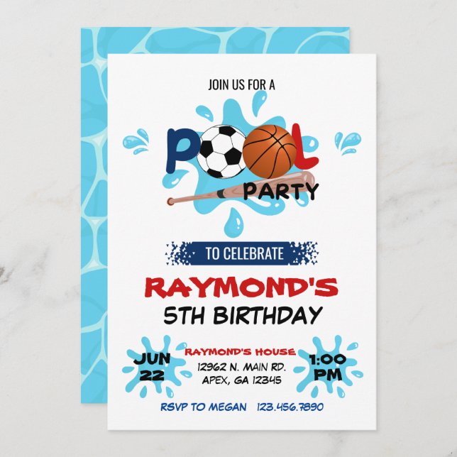 All Star Sport Pool Party Birthday  Invitation (Front/Back)