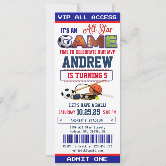 All Star Sport Ticket Birthday Party Invitation (Front)