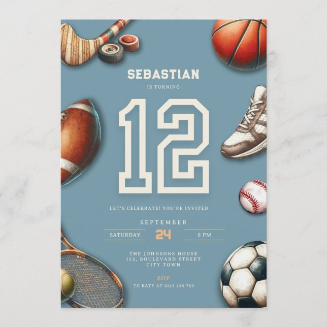All Star Sports 12th Birthday Invitation for Boys (Front)