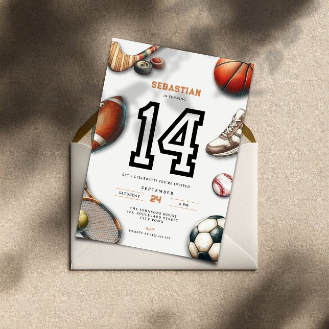 All Star Sports 14th Birthday Invitation for Boys (All Star Sports 14th birthday invitation for teenager boys)