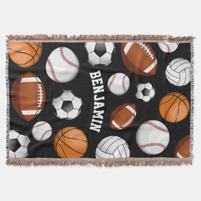 All-Star Sports Assortment Personalised Name Black Throw Blanket (Front)