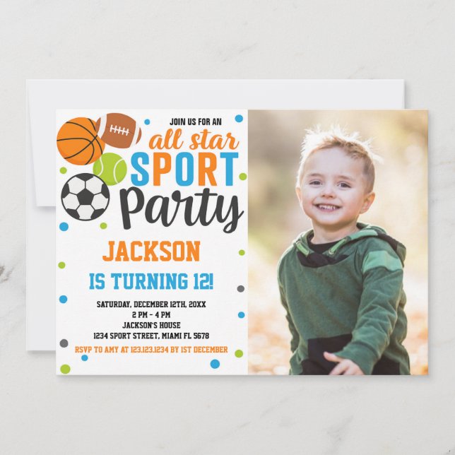 All-Star Sports Birthday Invitation with photo (Front)