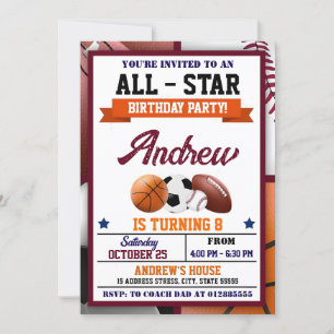 All Star Sports Birthday Party Invitation