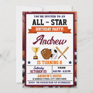 All Star Sports Birthday Party Invitation