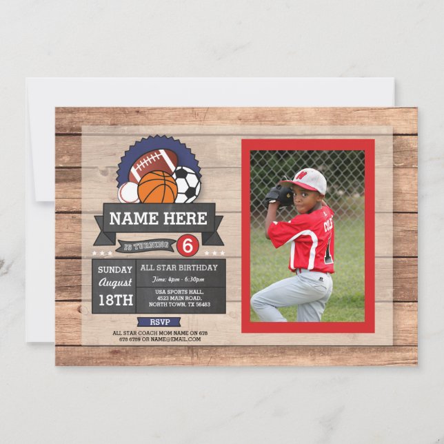 All Star Sports Photo Soccer BasketBall Birthday Invitation (Front)