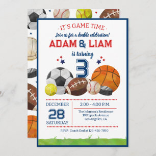 All Star Sports Twin Birthday Party Invitation