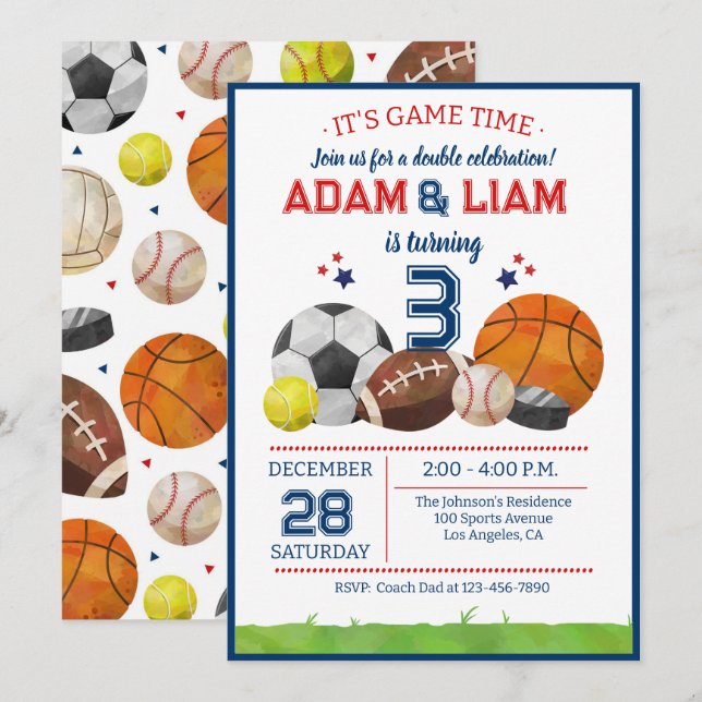 All Star Sports Twin Birthday  Party Invitation (Front/Back)