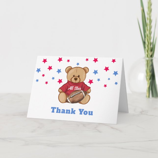 All Star Teddy Bear Football Sport Baby Shower  Thank You Card (Front)