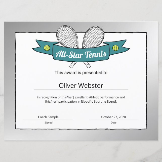 All-Star Tennis Player Award Tennis Certificate (Front)