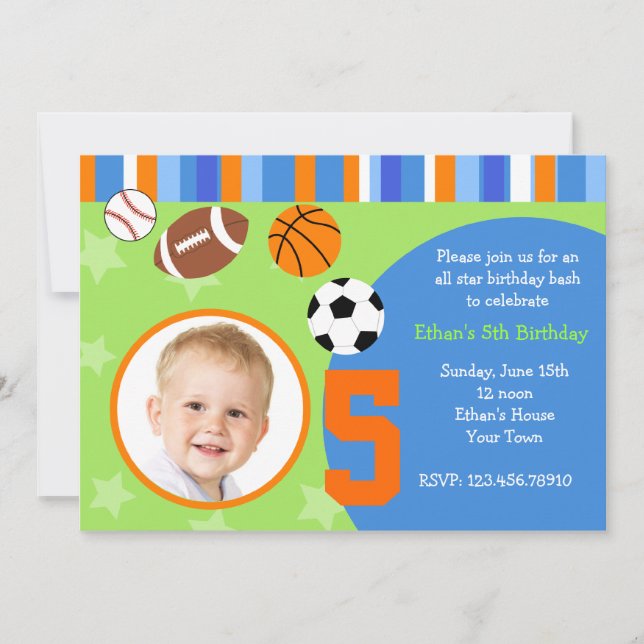 All Stars Sports Photo Birthday Invitations (Front)