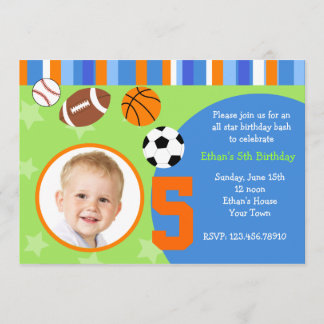 All Stars Sports Photo Birthday Invitations