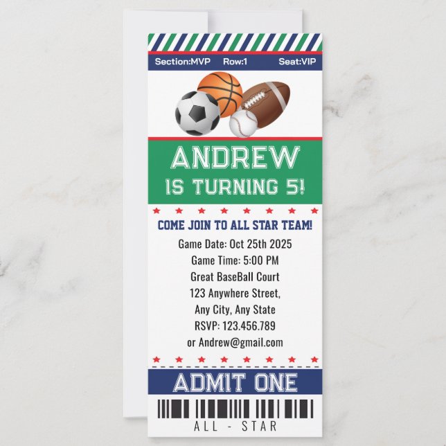 All Stars Sports Ticket Birthday Invitation (Front)