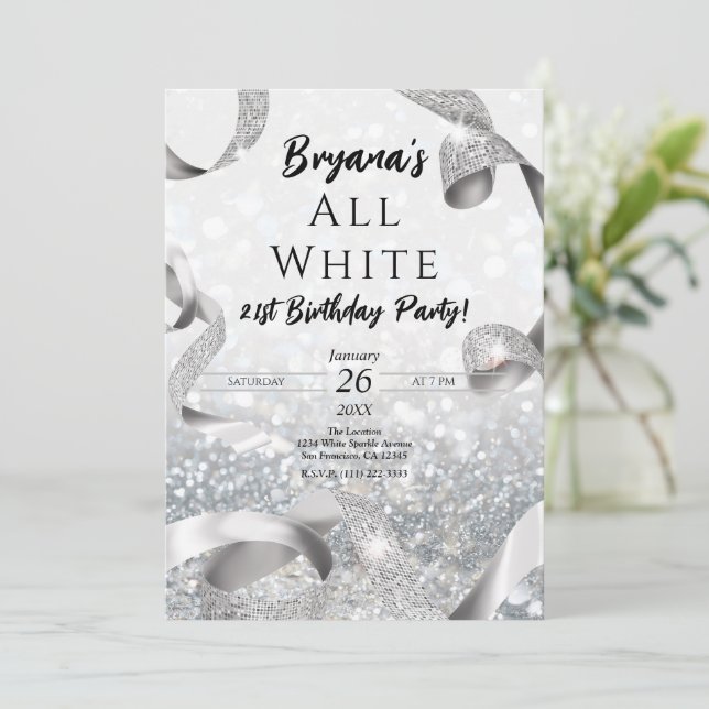 All That Glitters Silver & White Birthday Party Invitation (Standing Front)