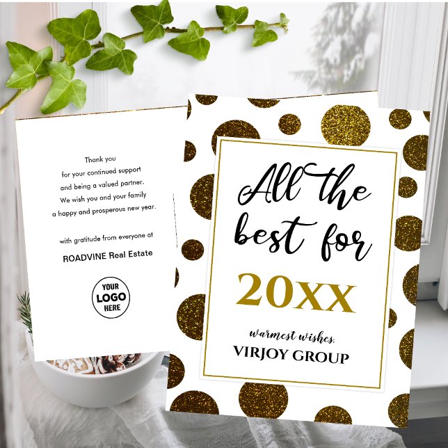 All The Best For Business Photo Logo Gold Script Holiday Postcard (Creator Uploaded)