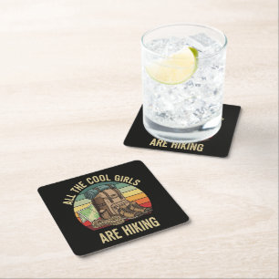 All The Cool Girls Are Hiking Retro Square Paper Coaster