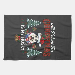 All Want Christmas Is Husky Dog Santa Hat Tea Towel