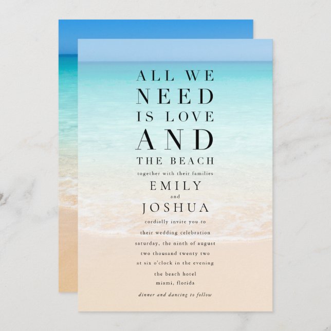 All We Need is Love and the Beach Wedding Invitation (Front/Back)