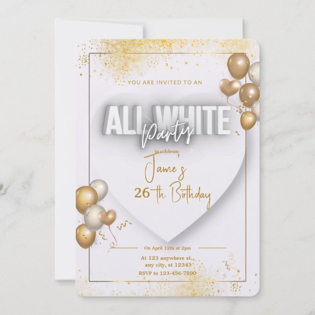 All white affair birthday invitation (Front)