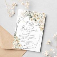 All white baby shower silver frame floral