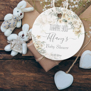All white baby shower silver white floral thankyou favour tags