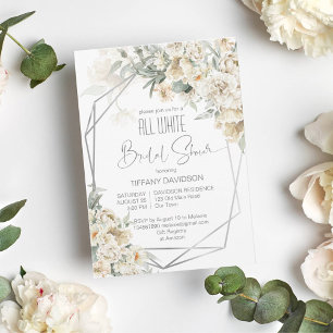 All white bridal shower silver frame floral invitation