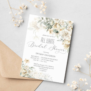 All white bridal shower silver white floral invitation