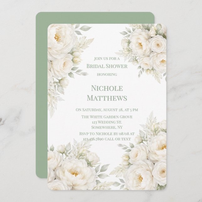 All White Floral Bridal Shower Invitation (Front/Back)