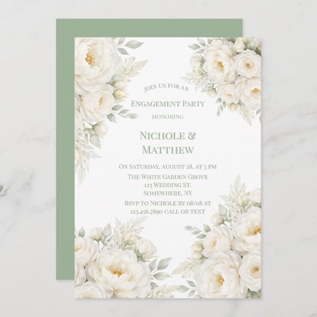 All White Floral Engagement Party Invitation (Front/Back)