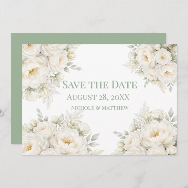 All White Floral Wedding Save the Date (Front/Back)