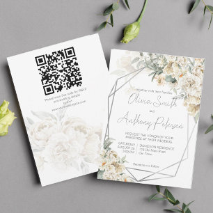 All white silver frame white floral wedding invitation