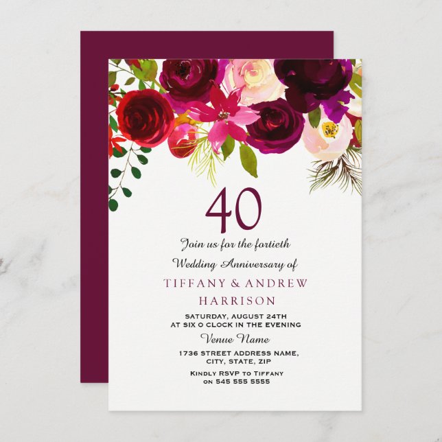 All Years Burgundy Floral 40th Wedding Anniversary Invitation (Front/Back)