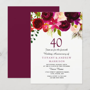 All Years Burgundy Floral 40th Wedding Anniversary Invitation