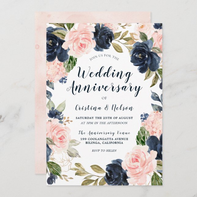 All Years Wedding Anniversary Blush Pink Navy Blue Invitation (Front/Back)