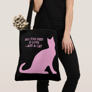 All you need is love and a cat cute pink and black tote bag