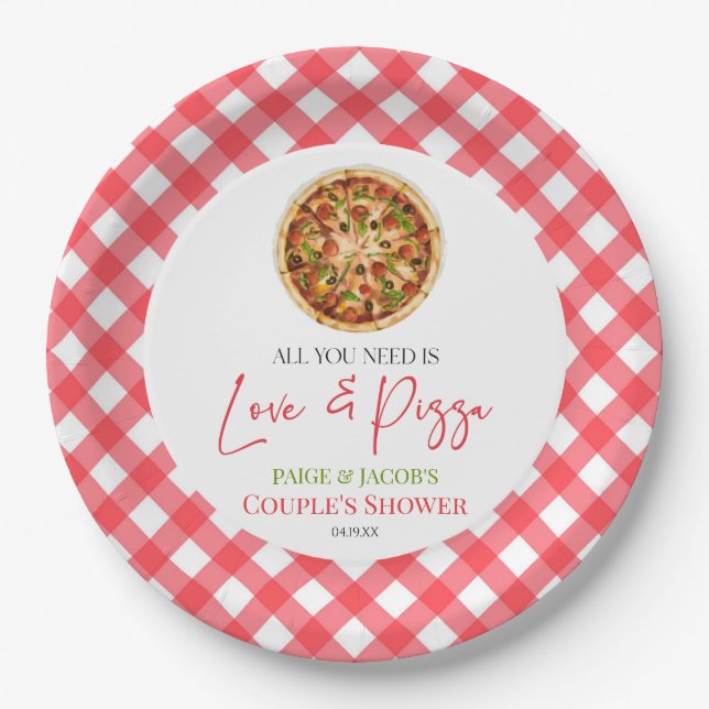 All You Need Is Love and Pizza Couples Shower Paper Plate (Front)