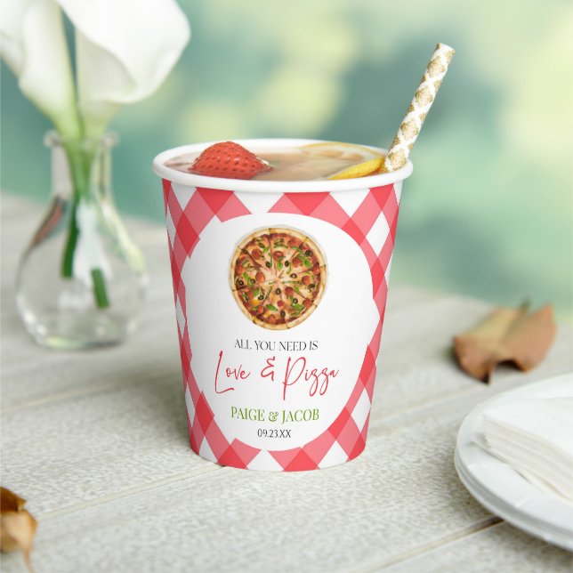 All You Need Is Love and Pizza Rehearsal Dinner Paper Cups (Insitu)