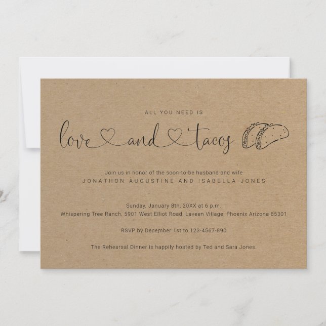 All You Need is Love and Tacos Rehearsal Dinner Invitation (Front)