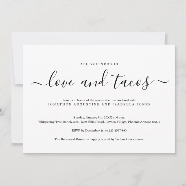 All You Need is Love and Tacos Rehearsal Dinner Invitation (Front)